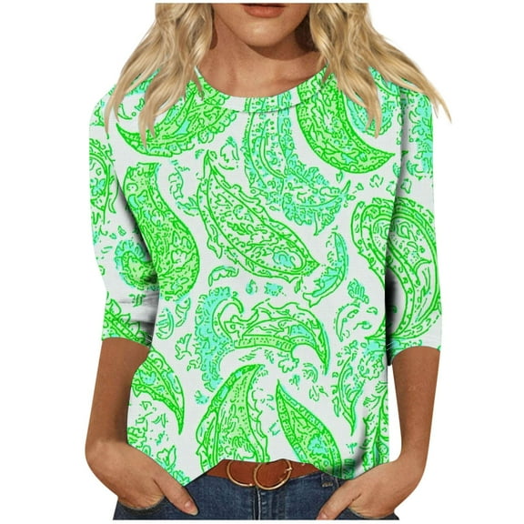 Ruimatai Women's Printed T-Shirt 3/4 Sleeve Round Neck Casual Blouse Soft Comfortable Stretch Fit Fashion Top for Everyday Wear