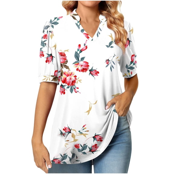 Ruimatai Women's Printed T-Shirt V-Neck Puff Sleeve Blouse Casual Short Sleeve Tops Soft Comfortable Stylish Fashion Tee