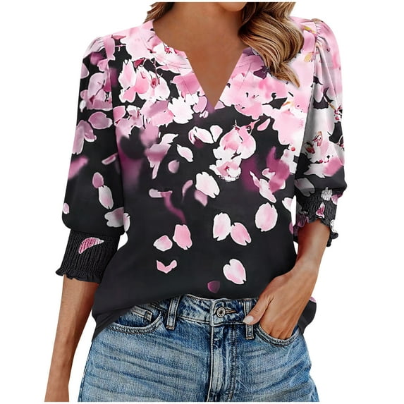 Ruimatai Women's Printed V-Neck 3/4 Sleeve Blouse Casual Comfortable Fashion Tops for Daily Wear Home Office Soft Lightweight Breathable
