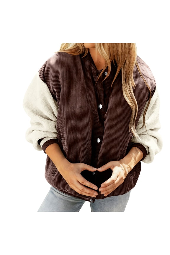 Women's Quilted Jacket Casual Long Sleeve Snap Front Coat Soft Fuzzy Warm Loose Fit Round Neck Outdoor Fall Winter Parkas with Pockets