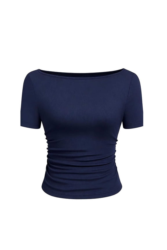 Women's Ribbed Boat Neck T-Shirt Casual Short Sleeve Slim Fit Ruched Side Tops for Daily & Office Wear