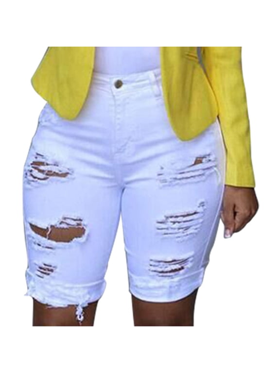 Women's Ripped Distressed Shorts Elastic High Waisted Workout Yoga Leggings with Side Pockets Comfort Stretch Athletic Running