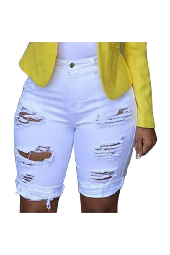 Women's Ripped Distressed Shorts Elastic High Waisted Workout Yoga Leggings with Side Pockets Comfort Stretch Athletic Running