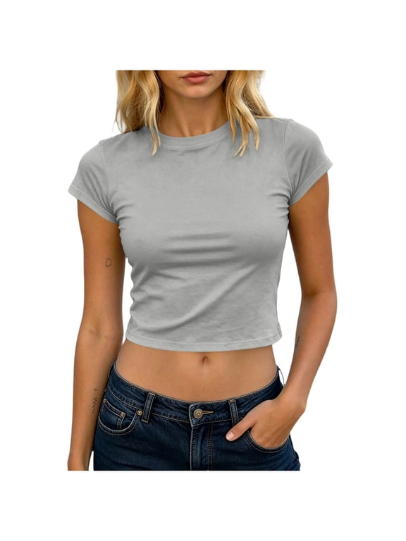 Women's Round Neck Cap Sleeve Fitted Cropped Casual T-Shirts for Women Everyday Wear