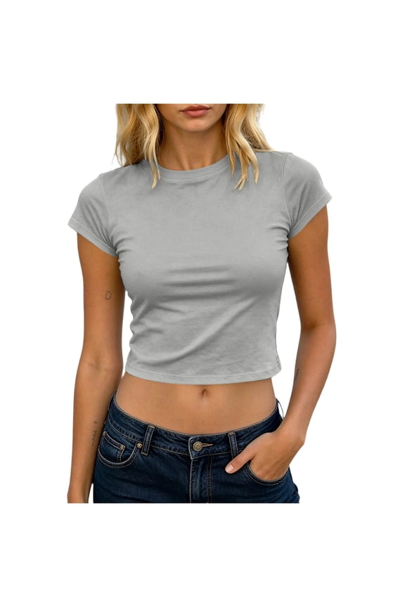 Women's Round Neck Cap Sleeve Fitted Cropped Casual T-Shirts for Women Everyday Wear
