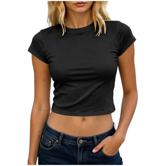 Ruimatai Women's Round Neck Cap Sleeve Fitted Cropped Casual T-Shirts for Women Everyday Wear