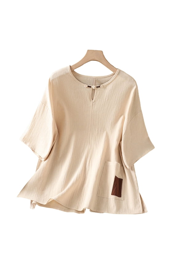Women's Round Neck Keyhole Button Three Quarter Sleeve Loose Fit Casual Blouses for Women Summer Everyday Wear