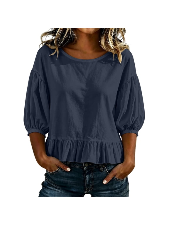 Women's Round Neck Peplum Tops Puff Bubble Sleeve Loose Casual Blouses for Spring Summer Dating Street Wear