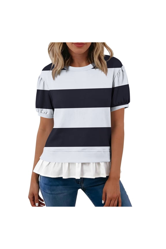 Women's Round Neck Printed Puff Sleeve Ruffle Hem Loose Fit Casual Tops for Women Summer Everyday Wear