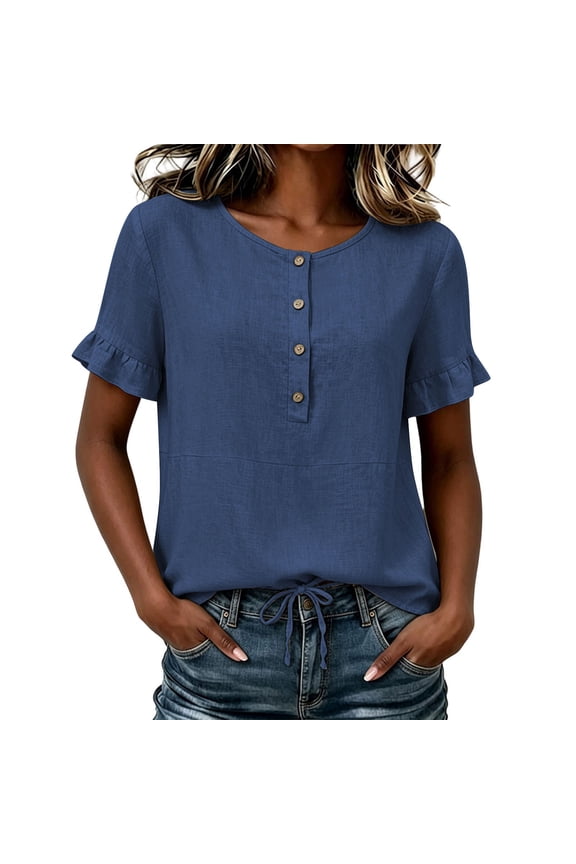 Women's Round Neck Ruffle Sleeve Partial Button Drawstring Waist Casual Tops for Women Summer Everyday Wear