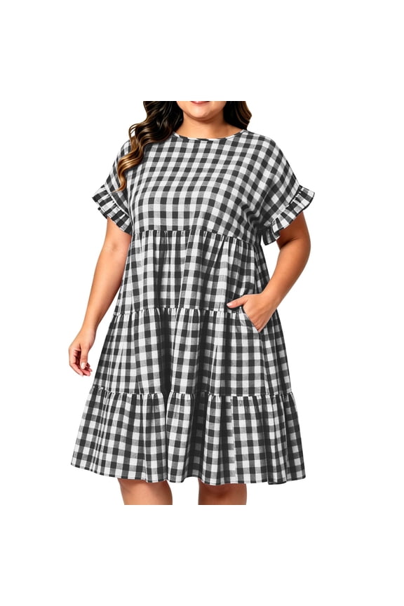 Women's Round Neck Ruffle Sleeve Tiered Gingham Casual Midi Dresses with Pockets for Women Everyday & Vacation Wear