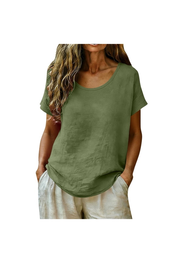 Women's Round Neck Short Sleeve Linen Cotton T-Shirt Casual Loose Fit Curved Hem Tee for Daily Wear & Summer Outings