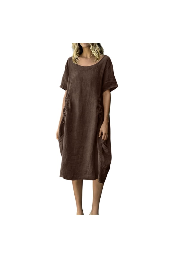 Women's Round Neck Short Sleeve Side Ruffle Drawstring Loose Fit Casual Midi Dresses with Pockets for Women Everyday & Vacation Wear