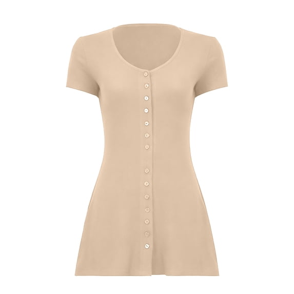 Ruimatai Women's Scoop Neck Button Down Short Sleeve Slim Fit A-Line Casual Mini Dresses for Women Summer Everyday & Date Wear