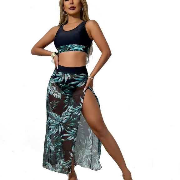 Ruimatai Women's Sexy Bikini Swimsuit 3 Piece Set Mesh Cover Up Beach Swimwear Summer Fashion Two Piece Bathing Suit S- XL