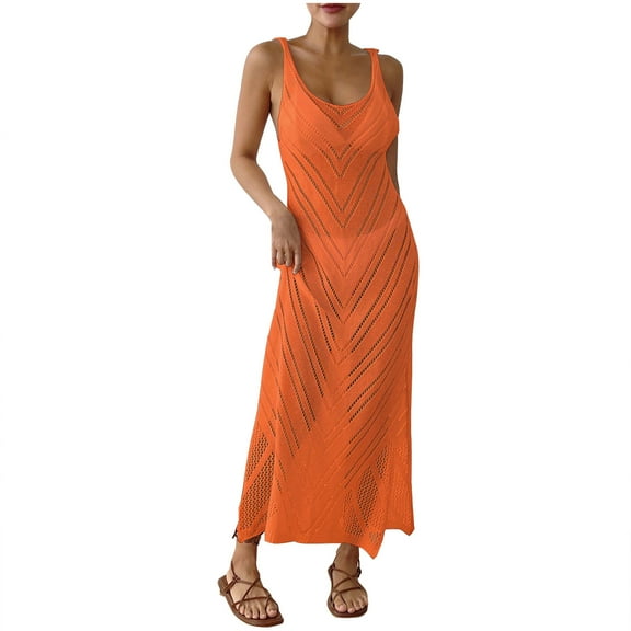 Ruimatai Women's Sexy Hollow Woven Beach Dress Sleeveless Split Summer Casual Sundress Party Cover Up Fashion Round Neck Free Size