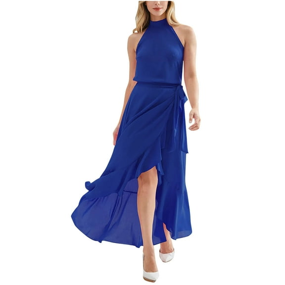 Ruimatai Women's Sexy Mesh Crew Neck Long Dress Sleeveless A-Line Tie Waist Casual Party Maxi Dress for Dating Vacation Wedding