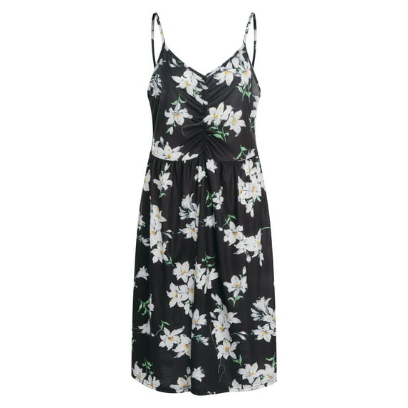 Ruimatai Women's Sexy V-Neck Spaghetti Strap Summer Dress with Pockets, Flowy Beach Sundress Casual Sleeveless A-Line Cocktail Party Dress for Wedding Guest Vacation