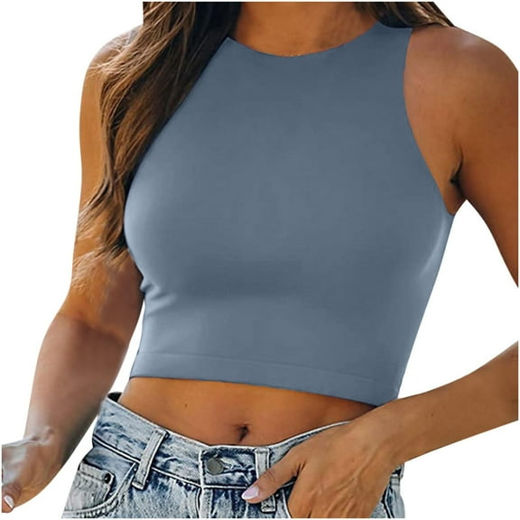 Ruimatai Women's Sleeveless Blouse Sexy Casual Solid Crop Top Round Neck Vest Comfortable Stretchy Summer T-Shirt