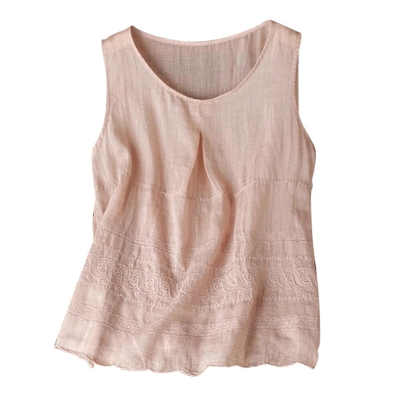 Ruimatai Women's Sleeveless Cotton Linen Tank Top with Embroidery, Slim Fit Round Neck Summer Blouse for Casual Wear