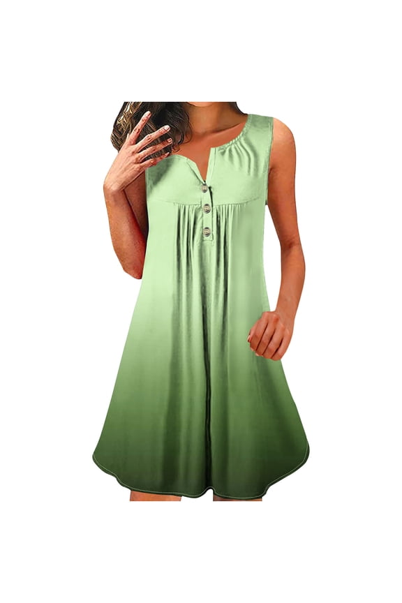 Women's Sleeveless Dress Gradient Print Button Down Summer Casual Party Wear Comfortable Stretchy Flowy A-Line Pullover Dress