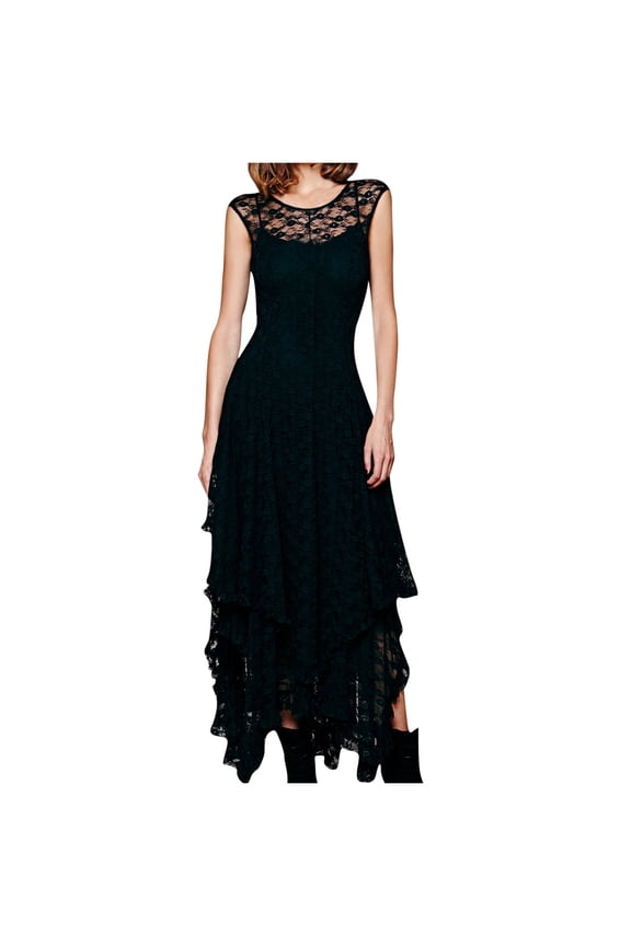 Women's Sleeveless Lace Dress Sexy Bohemian Long Ruffled Crew Neck Hippie Style Flowy Summer Casual Boho Chic Dress