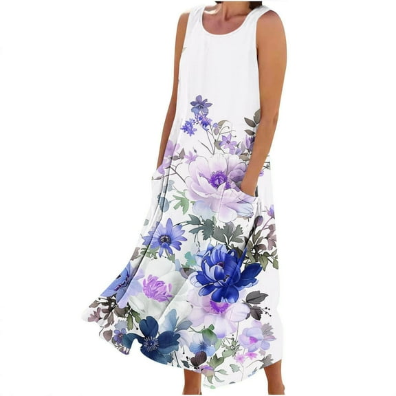 Ruimatai Women's Sleeveless Linen Dress Casual Summer Long Printed Round Neck Loose Flowy Beach Vacation Party Maxi Dress