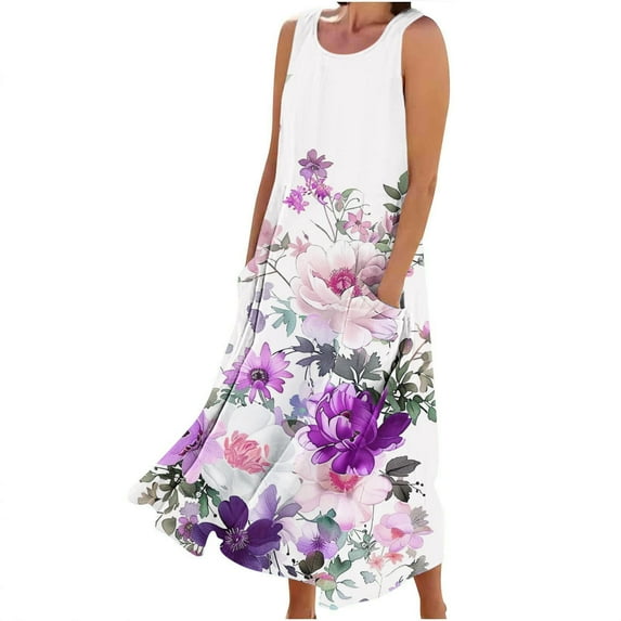 Ruimatai Women's Sleeveless Linen Dress Casual Summer Long Printed Round Neck Loose Flowy Beach Vacation Party Maxi Dress