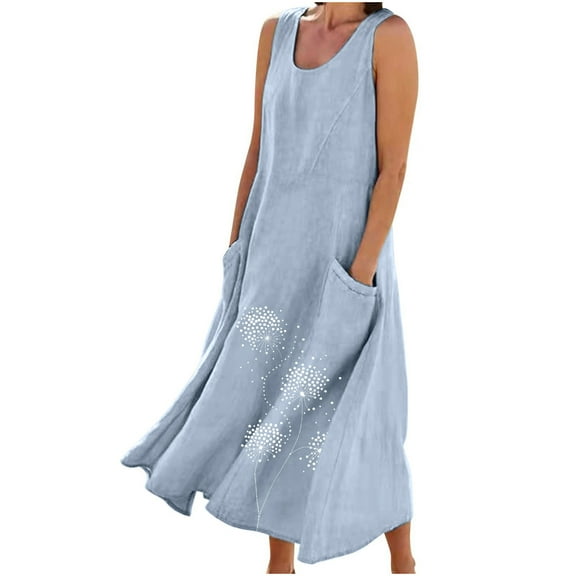 Ruimatai Women's Sleeveless Linen Dress Summer Casual Round Neck Printed Long Maxi Dress Soft Breathable Comfortable Party Beach Vacation Outfit