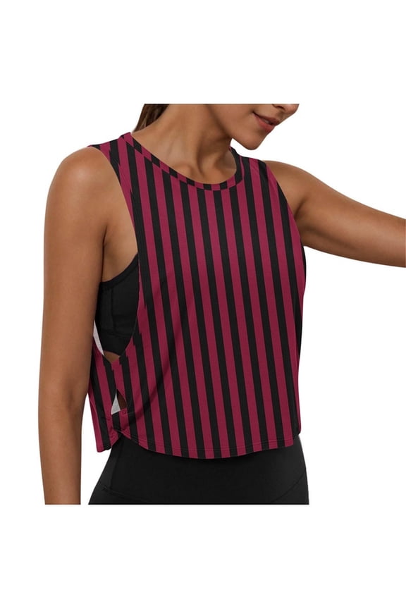 Women's Sleeveless Round Neck Crop Tops Striped Print Sports Tank Tops with Side Cutout for Yoga Workout Daily Wear