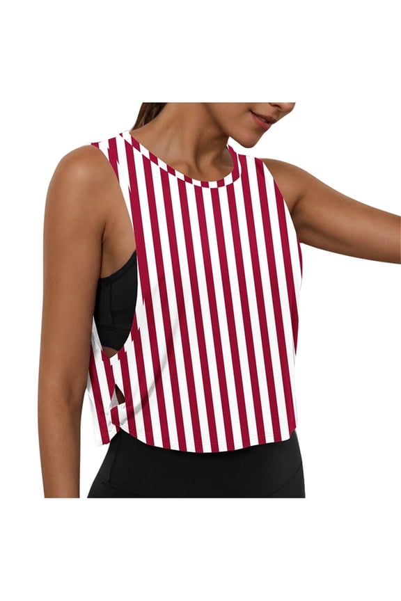 Women's Sleeveless Round Neck Crop Tops Striped Print Sports Tank Tops with Side Cutout for Yoga Workout Daily Wear