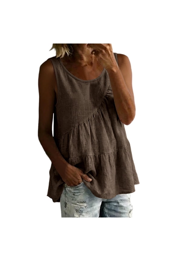 Women's Sleeveless Round Neck Ruffled Tank Tops Loose Cotton Linen Blouses for Summer Casual Daily Wear