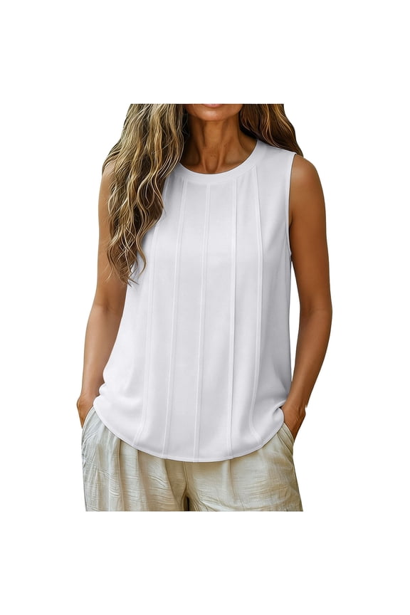 Women's Sleeveless Round Neck Vertical Pleated Loose Fit Casual Tank Top for Women Daily Wear & Loungewear