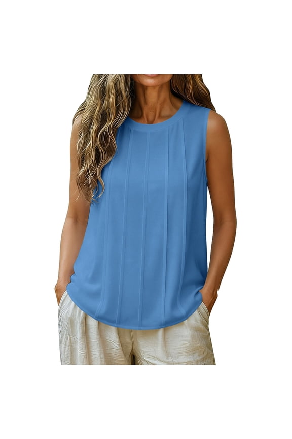 Women's Sleeveless Round Neck Vertical Pleated Loose Fit Casual Tank Top for Women Daily Wear & Loungewear