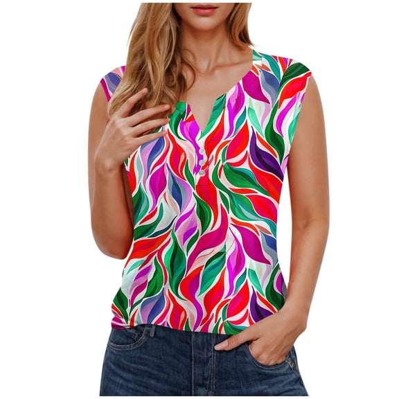 Ruimatai Women's Sleeveless V-Neck Blouse Casual Floral Print Button Down Tank Top Summer Loose Fit Tunic Shirt