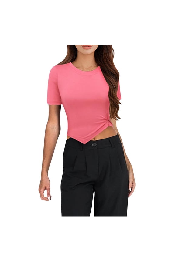 Women's Slim Fit Crop Top Casual Round Neck Knot Hem Short Sleeve Summer Tops for Daily Wear