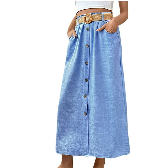 Ruimatai Women's Solid Color Belted Skirt with Pockets Comfortable Stretchy Half Skirt for Work Casual Daily Wear
