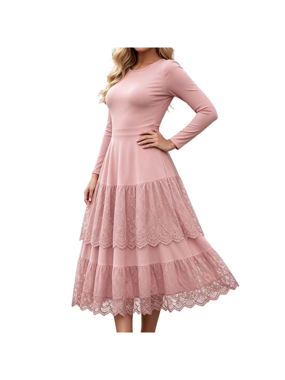 Women's Solid Round Neck Long Sleeve Midi Dress Tiered Lace Spliced Fit And Flare Dress