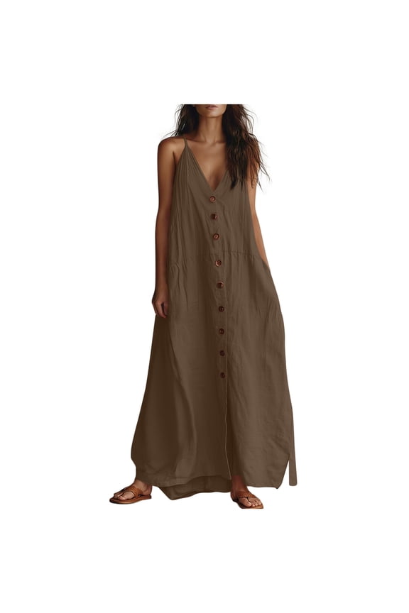 Women's Spaghetti Strap Maxi Dress Casual Button Down Loose Fit Linen Blend Dress for Beach Vacation