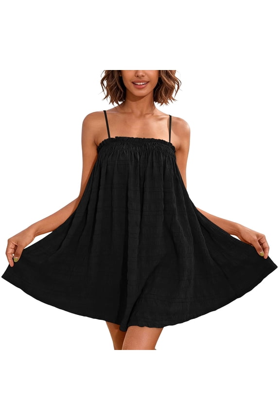 Women's Spaghetti Strap Ruffle Neck Loose Fit Flowy Casual Mini Dress for Sweet Summer Beach Vacation Daily Wear