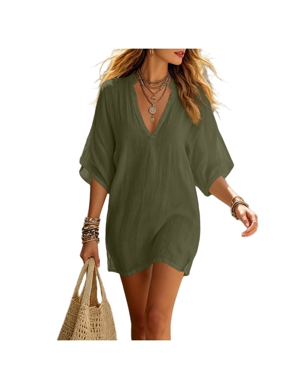 Women's Split V-Neck Notch Collar 3/4 Sleeve Loose Fit Casual Tunic Mini Dresses for Women Beach & Vacation Wear