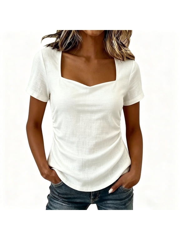 Women's Square Neck Ruched Side Short Sleeve Form Fitting Casual Tops for Women Daily All-Day Comfort Wear