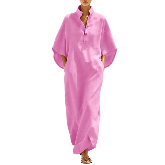 Ruimatai Women's Stand Collar Half-Button Dolman Sleeve Loose Fit Casual Maxi Dresses with Pockets for Women Everyday & Vacation Wear