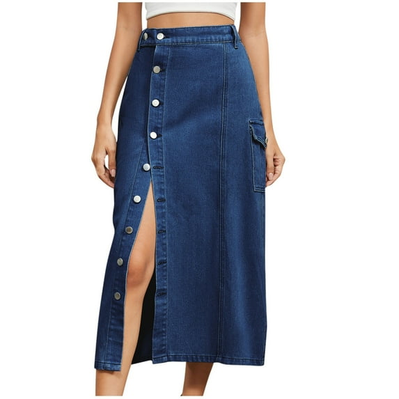 Ruimatai Women's Stretchy Denim Skirt Solid Color Button Front Slit Casual Midi Skirt Elastic Waist Summer Skirt for Women S-XXL