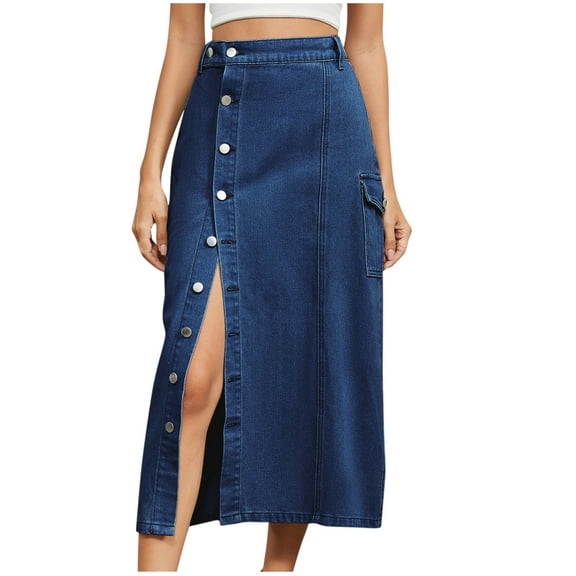 Ruimatai Women's Stretchy Denim Skirt Solid Color Button Front Slit Casual Midi Skirt Elastic Waist Summer Skirt for Women S-XXL