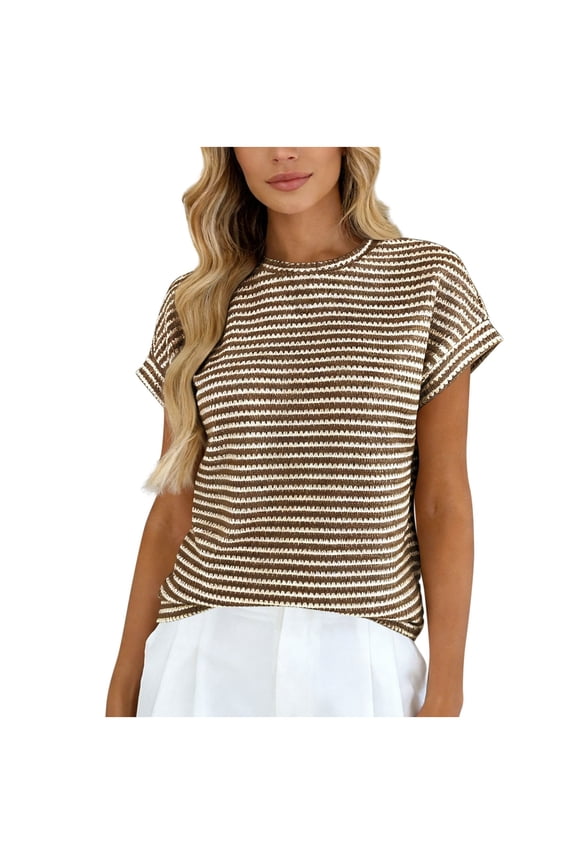 Women's Striped Knit T-Shirt Round Neck Short Sleeve Casual Tops for Summer Daily & Vacation Wear