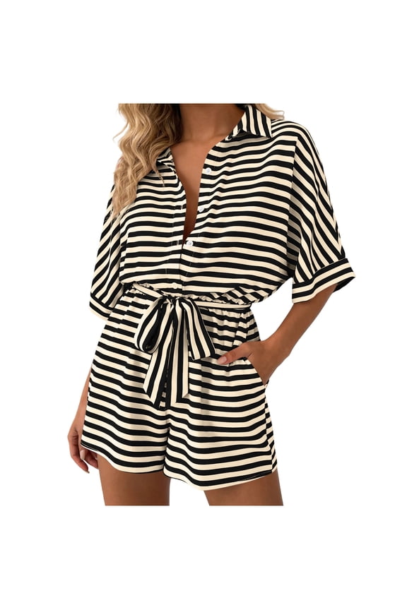Women's Striped Rompers Collared Button Down Belted Summer Short Jumpsuit with Pockets