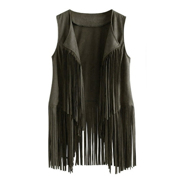 Ruimatai Women's Suede Fringed Vest Sleeveless Open Front Cardigan Casual Winter Tassel Jacket Coat