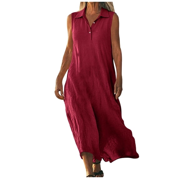Ruimatai Women's Summer Casual Flowy Button Down Lapel Sleeveless Maxi Dress Lightweight Comfortable Polyester Loose Fit Long Dress