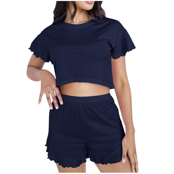 Ruimatai Women's Summer Casual Pajama Set Solid Color Thin Loose Comfortable Short Sleeve Top Shorts Sleepwear Polyester Home Outfit